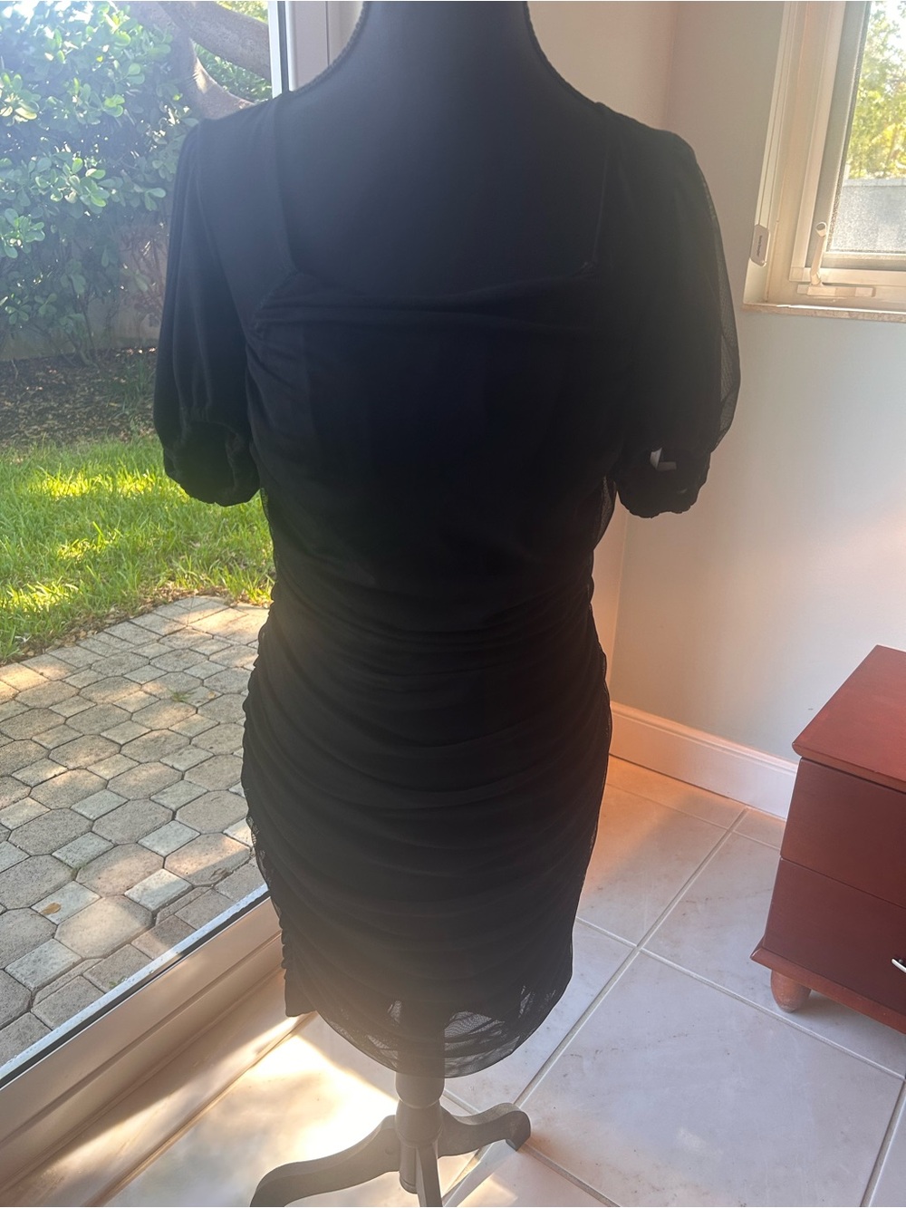BCBGeneration Black Ruched Midi Dress with Puff Sleeves